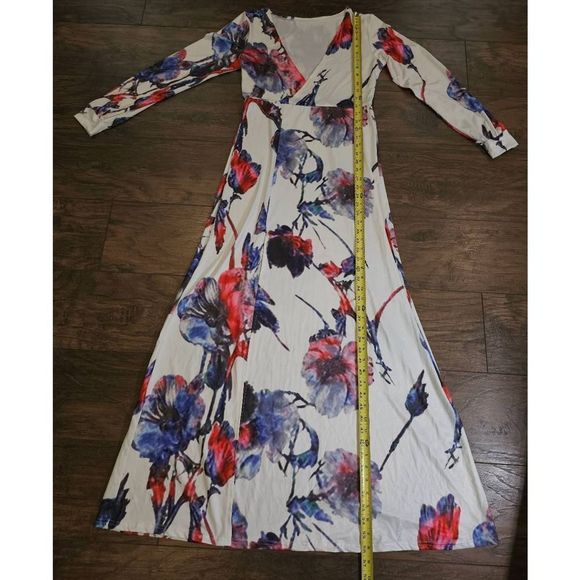 Women's Misguided Long Sleeve V-Neck Floral Print Front Slit Maxi w/ Waist Tie - Picture 4 of 8